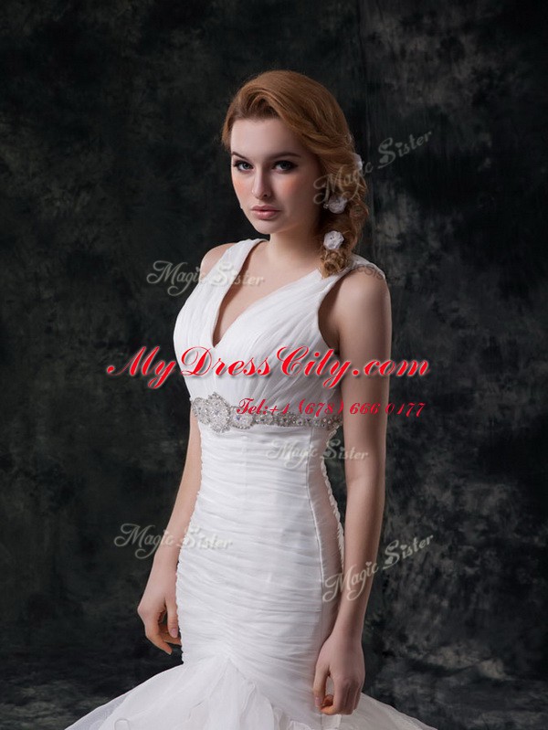 Fashionable Mermaid Sleeveless Brush Train Lace Up Beading and Ruffles Wedding Gown