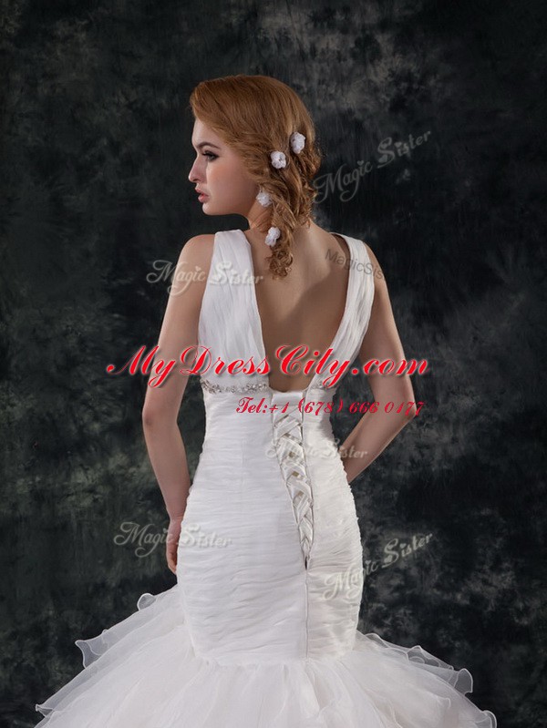 Fashionable Mermaid Sleeveless Brush Train Lace Up Beading and Ruffles Wedding Gown