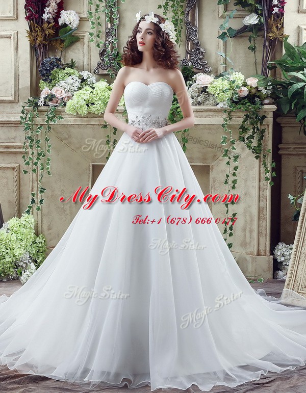 White Sleeveless Organza Court Train Lace Up Wedding Dress for Wedding Party