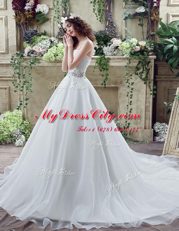 White Sleeveless Organza Court Train Lace Up Wedding Dress for Wedding Party