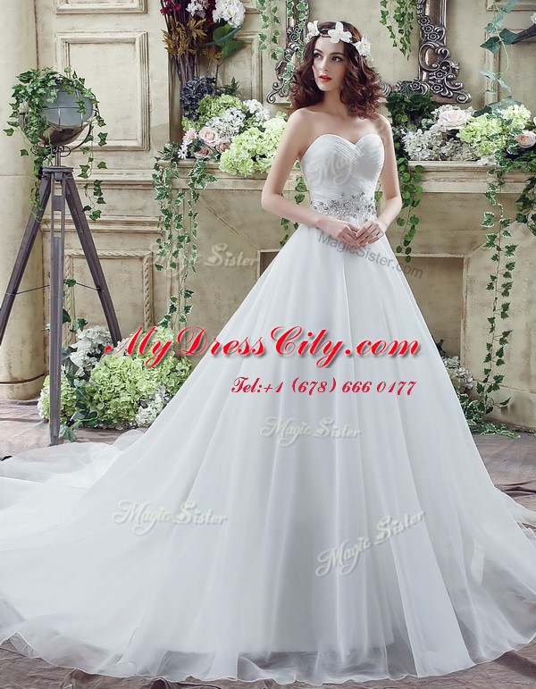 White Sleeveless Organza Court Train Lace Up Wedding Dress for Wedding Party