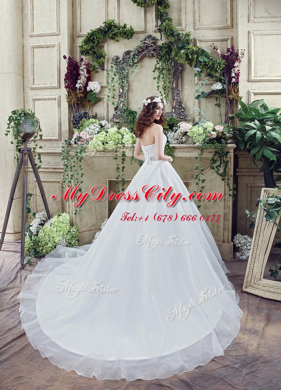 White Sleeveless Organza Court Train Lace Up Wedding Dress for Wedding Party