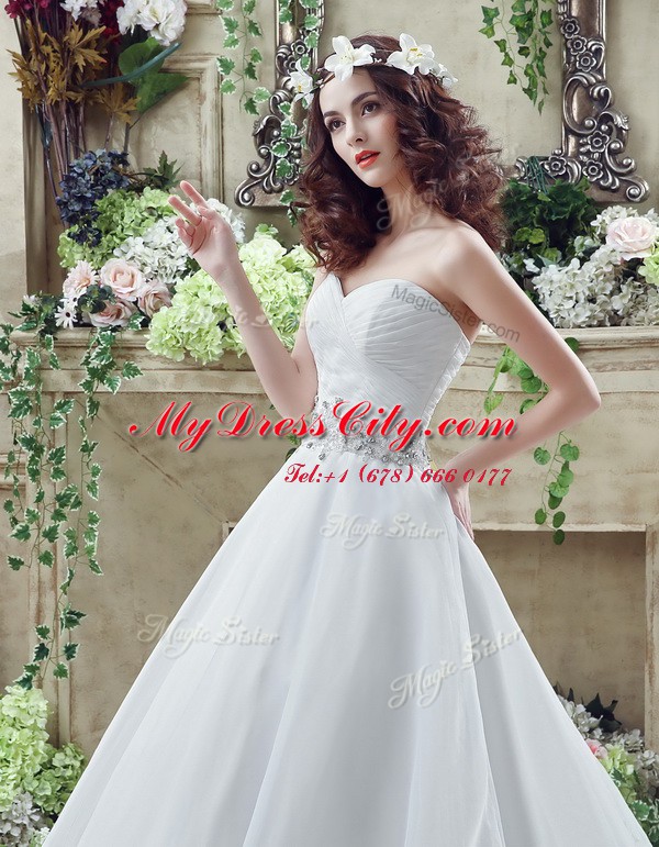 White Sleeveless Organza Court Train Lace Up Wedding Dress for Wedding Party