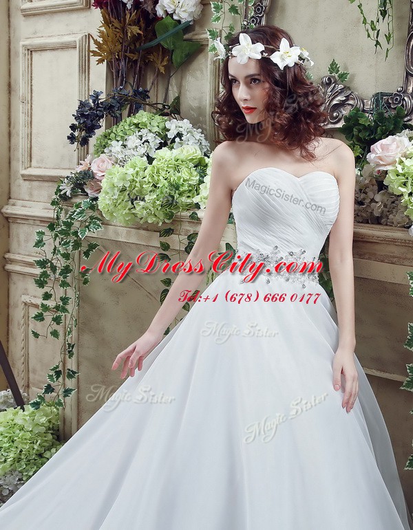 White Sleeveless Organza Court Train Lace Up Wedding Dress for Wedding Party