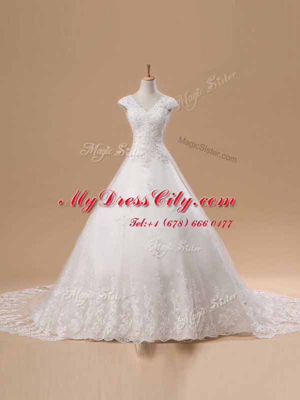 Enchanting Tulle and Lace Short Sleeves Bridal Gown Chapel Train and Lace and Appliques