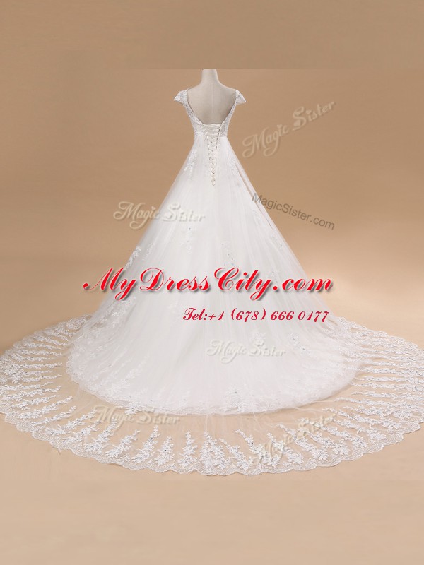 Enchanting Tulle and Lace Short Sleeves Bridal Gown Chapel Train and Lace and Appliques