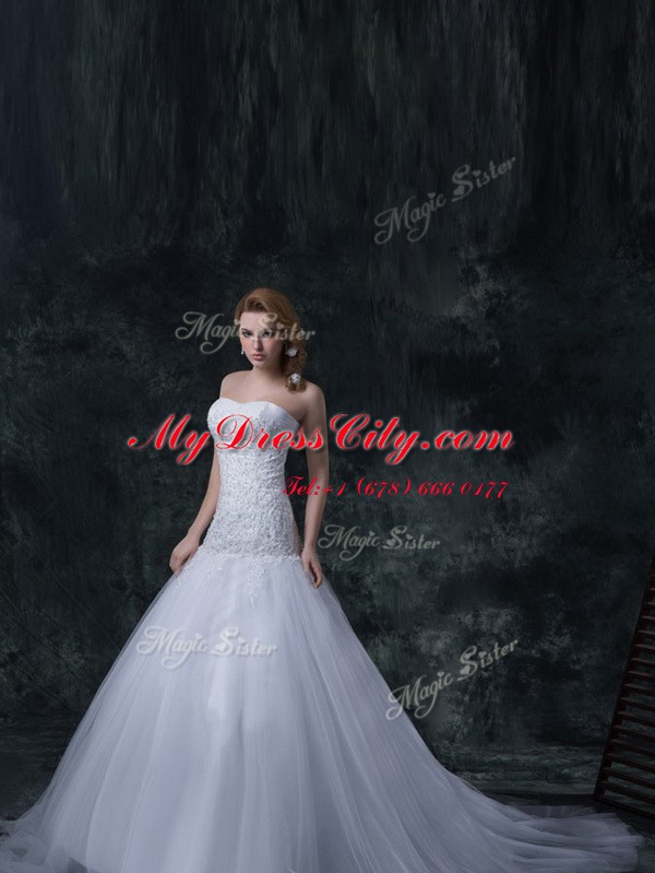 Deluxe White Tulle Lace Up Strapless Sleeveless With Train Wedding Dresses Court Train Beading and Appliques