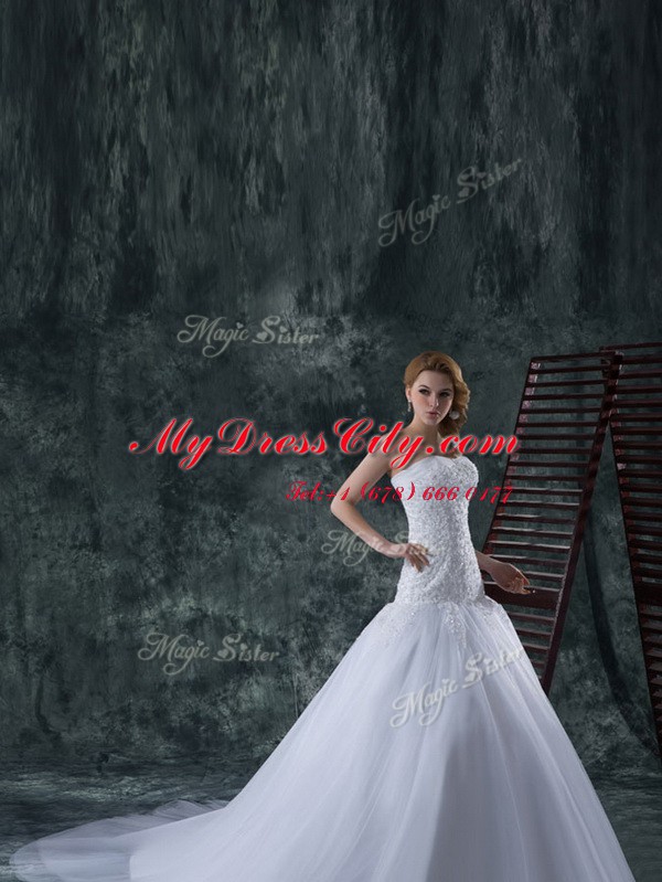 Deluxe White Tulle Lace Up Strapless Sleeveless With Train Wedding Dresses Court Train Beading and Appliques