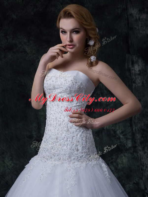 Deluxe White Tulle Lace Up Strapless Sleeveless With Train Wedding Dresses Court Train Beading and Appliques