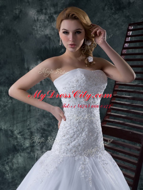 Deluxe White Tulle Lace Up Strapless Sleeveless With Train Wedding Dresses Court Train Beading and Appliques