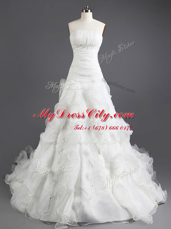 Sleeveless With Train Beading and Ruffles Lace Up Bridal Gown with White Court Train