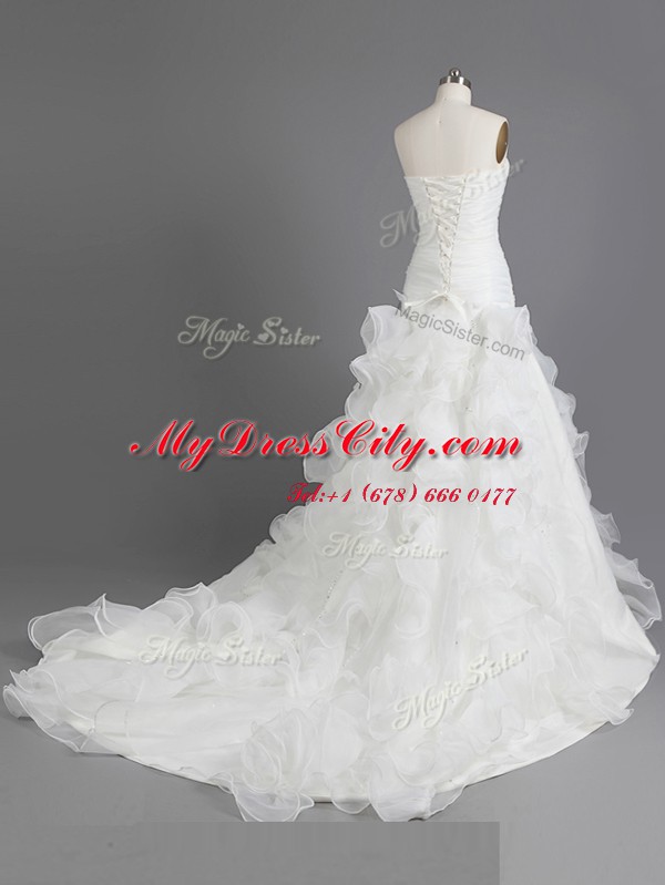 Sleeveless With Train Beading and Ruffles Lace Up Bridal Gown with White Court Train