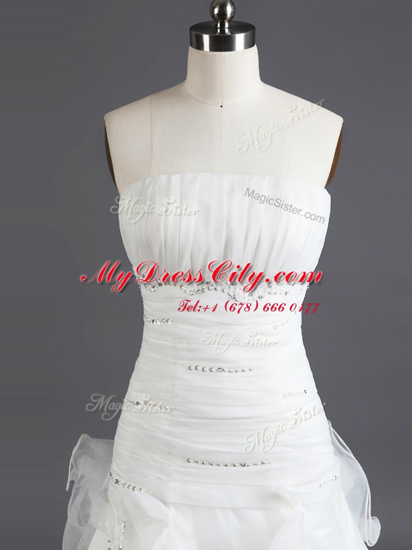 Sleeveless With Train Beading and Ruffles Lace Up Bridal Gown with White Court Train