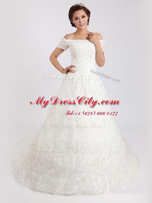 Admirable Off the Shoulder White Lace Up Wedding Dresses Lace Short Sleeves With Train Court Train