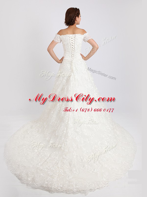 Admirable Off the Shoulder White Lace Up Wedding Dresses Lace Short Sleeves With Train Court Train