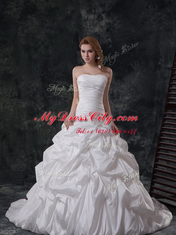 Fantastic White Strapless Lace Up Ruching and Pick Ups Wedding Gowns Brush Train Sleeveless