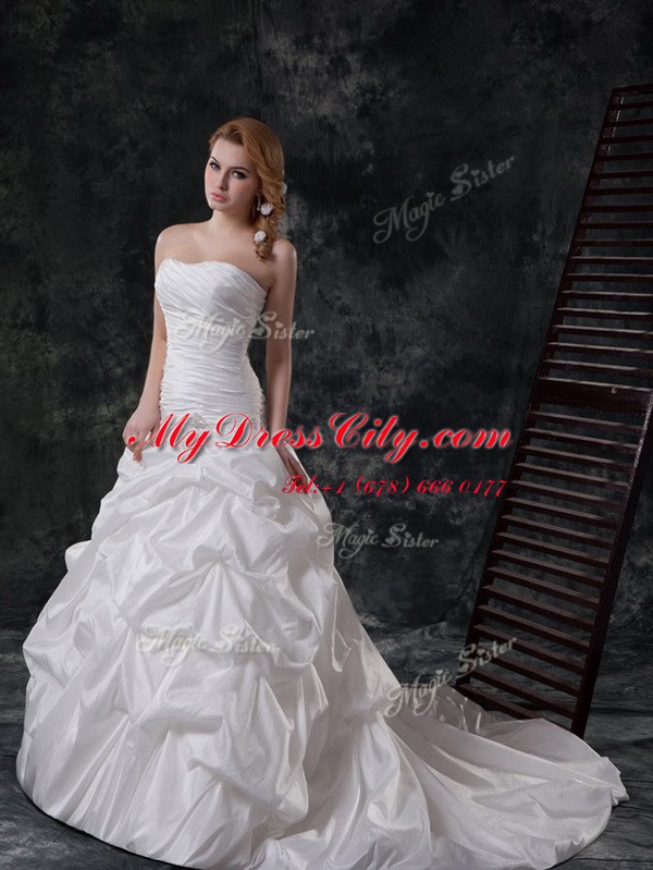 Fantastic White Strapless Lace Up Ruching and Pick Ups Wedding Gowns Brush Train Sleeveless