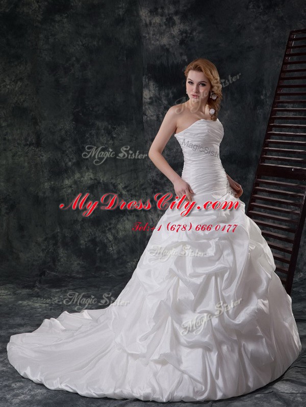 Fantastic White Strapless Lace Up Ruching and Pick Ups Wedding Gowns Brush Train Sleeveless