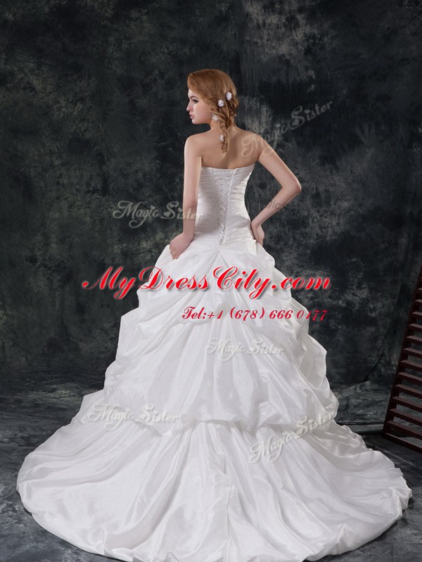 Fantastic White Strapless Lace Up Ruching and Pick Ups Wedding Gowns Brush Train Sleeveless