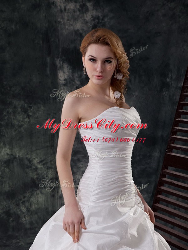 Fantastic White Strapless Lace Up Ruching and Pick Ups Wedding Gowns Brush Train Sleeveless