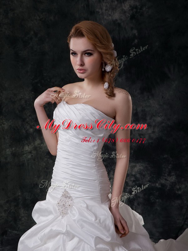 Fantastic White Strapless Lace Up Ruching and Pick Ups Wedding Gowns Brush Train Sleeveless