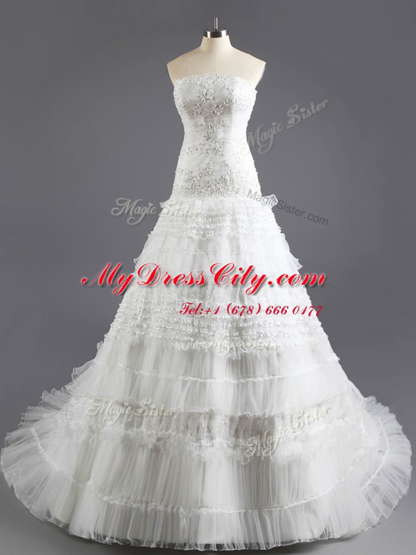 Noble Sleeveless Court Train Beading and Appliques and Ruffled Layers Lace Up Bridal Gown