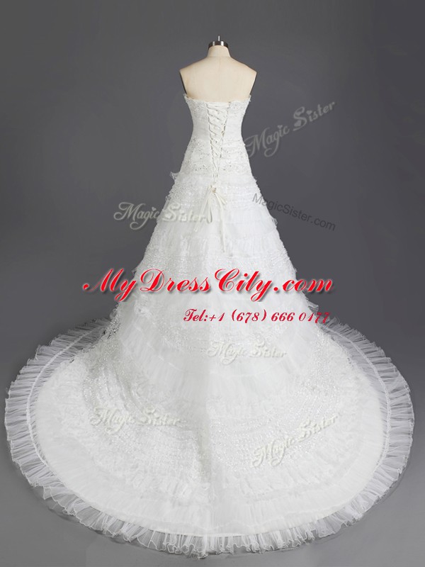 Noble Sleeveless Court Train Beading and Appliques and Ruffled Layers Lace Up Bridal Gown