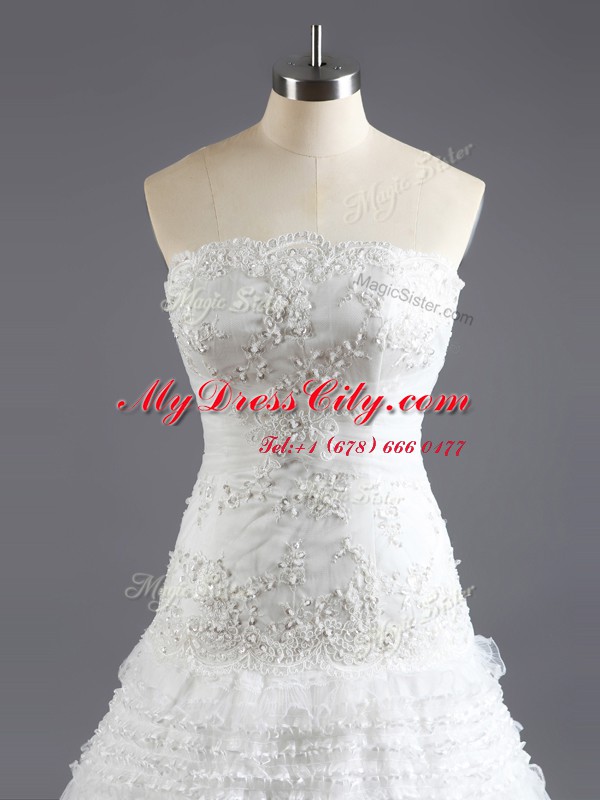 Noble Sleeveless Court Train Beading and Appliques and Ruffled Layers Lace Up Bridal Gown