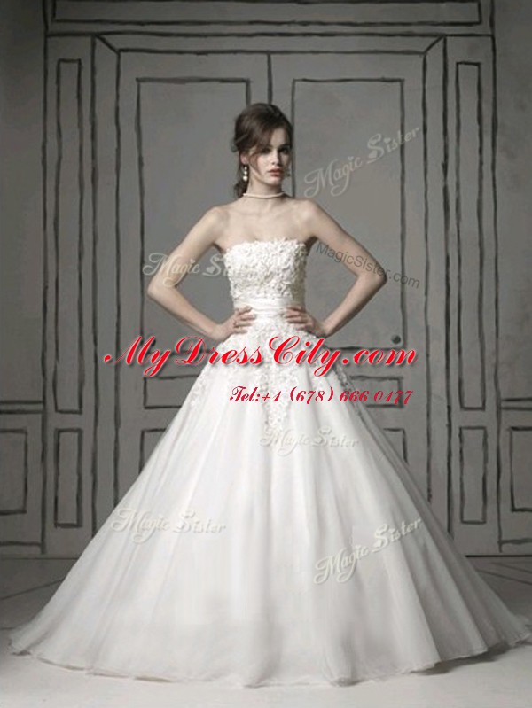 Tulle Strapless Sleeveless Brush Train Zipper Appliques Bridal Gown in White