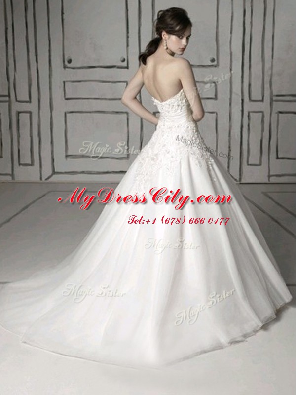 Tulle Strapless Sleeveless Brush Train Zipper Appliques Bridal Gown in White