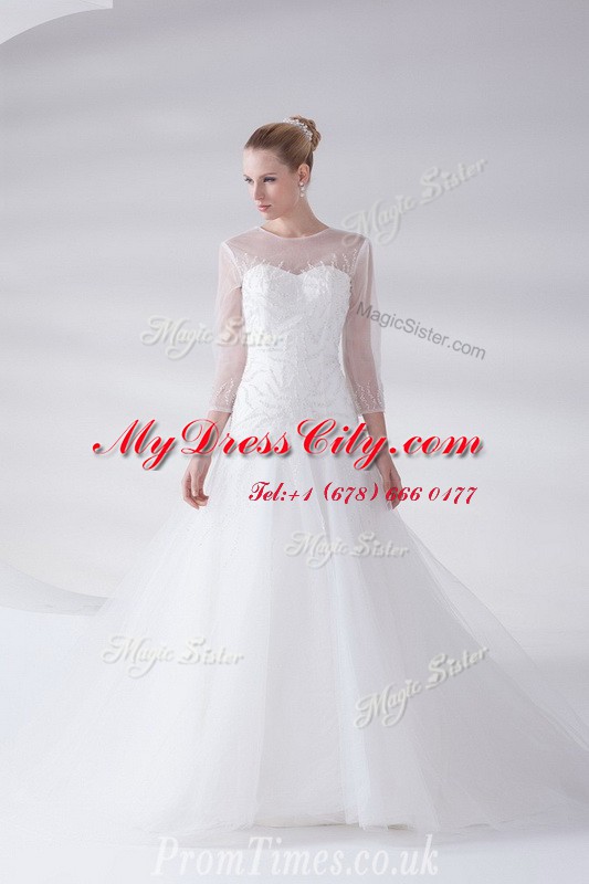 Scoop White Zipper Wedding Gowns Appliques 3 4 Length Sleeve With Brush Train