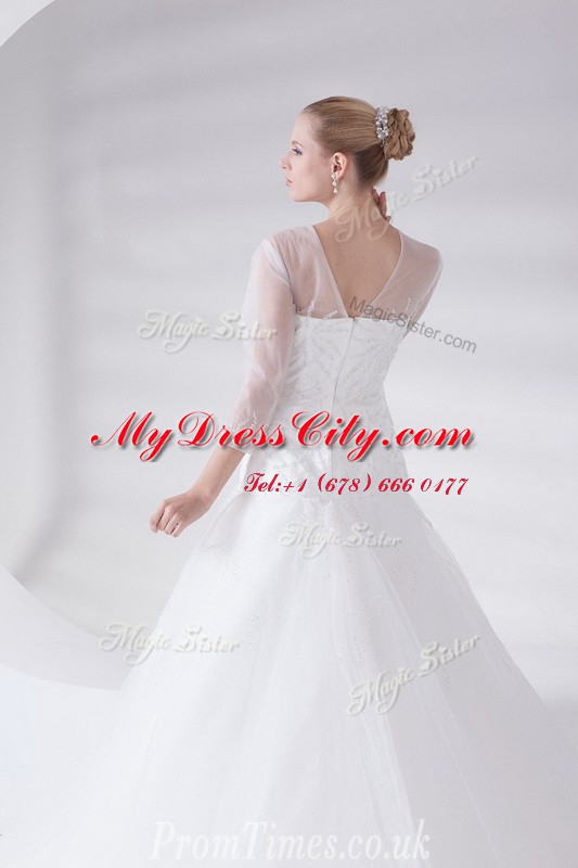 Scoop White Zipper Wedding Gowns Appliques 3 4 Length Sleeve With Brush Train