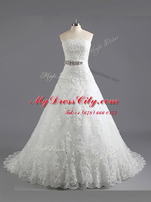 White A-line Beading and Lace Bridal Gown Lace Up Lace Sleeveless With Train