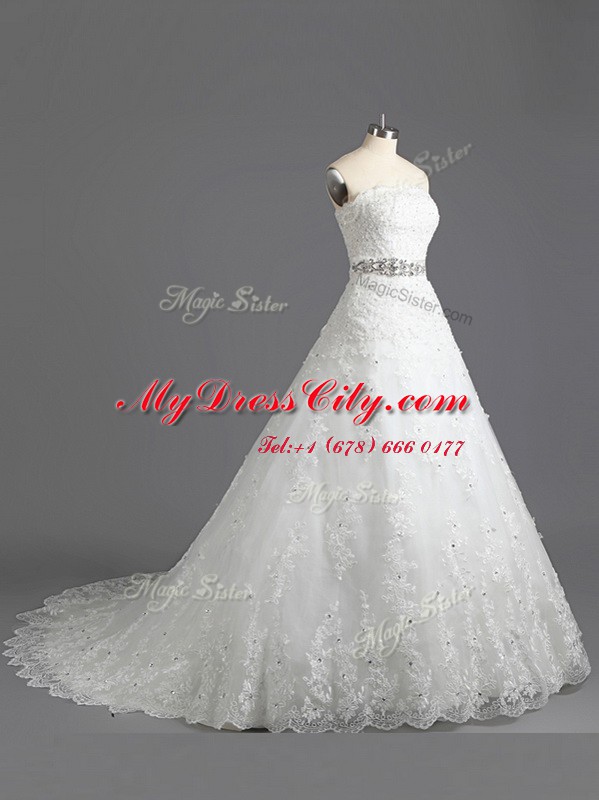 White A-line Beading and Lace Bridal Gown Lace Up Lace Sleeveless With Train