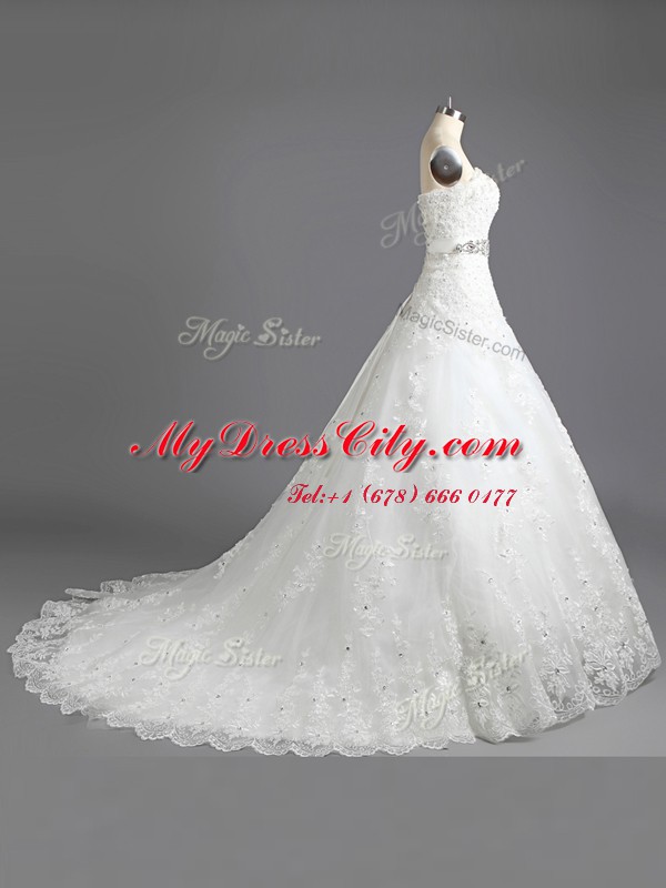 White A-line Beading and Lace Bridal Gown Lace Up Lace Sleeveless With Train