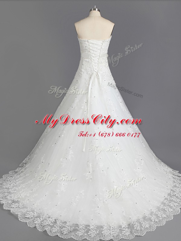 White A-line Beading and Lace Bridal Gown Lace Up Lace Sleeveless With Train