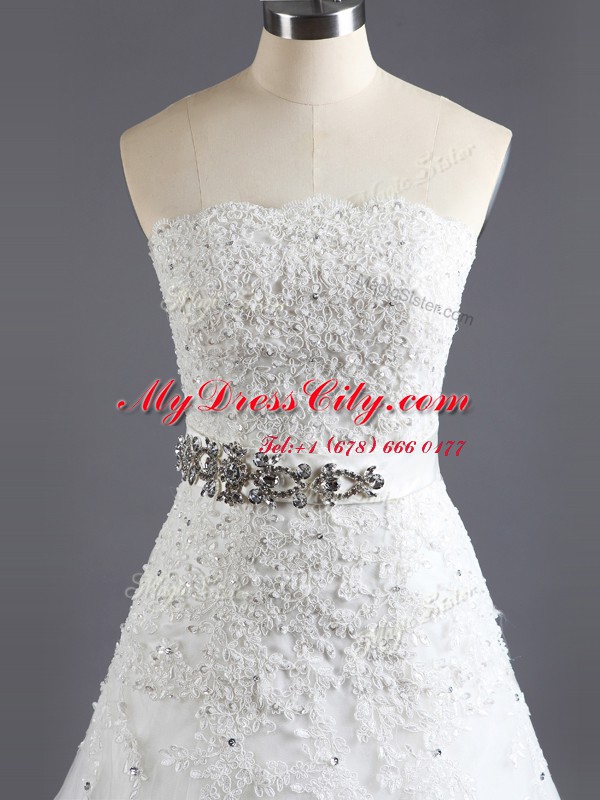 White A-line Beading and Lace Bridal Gown Lace Up Lace Sleeveless With Train