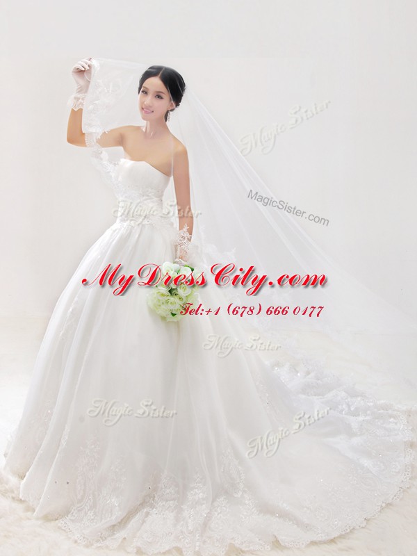 Hot Selling Strapless Sleeveless Chapel Train Zipper Wedding Dresses White Organza