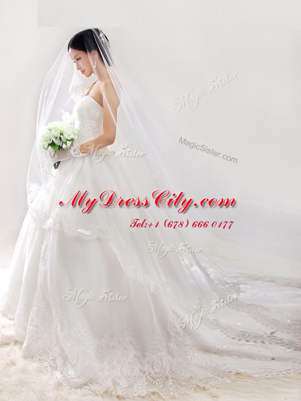 Hot Selling Strapless Sleeveless Chapel Train Zipper Wedding Dresses White Organza