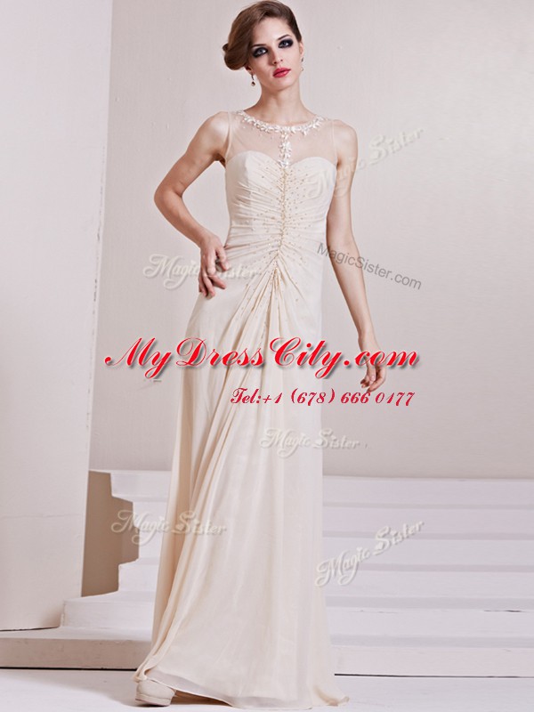 Elegant Scoop Champagne Sleeveless Beading Floor Length Wedding Gown