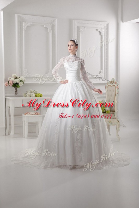 White Wedding Dress Lace Sweep Train Long Sleeves Lace