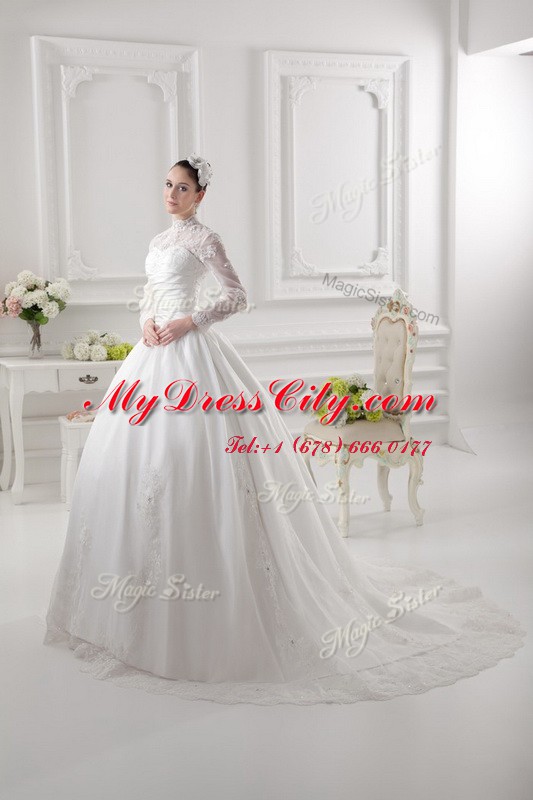 White Wedding Dress Lace Sweep Train Long Sleeves Lace