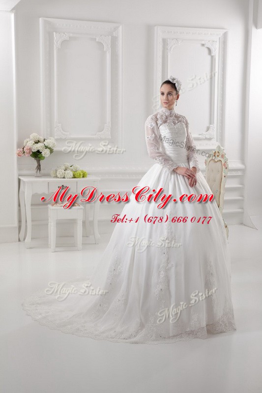 White Wedding Dress Lace Sweep Train Long Sleeves Lace