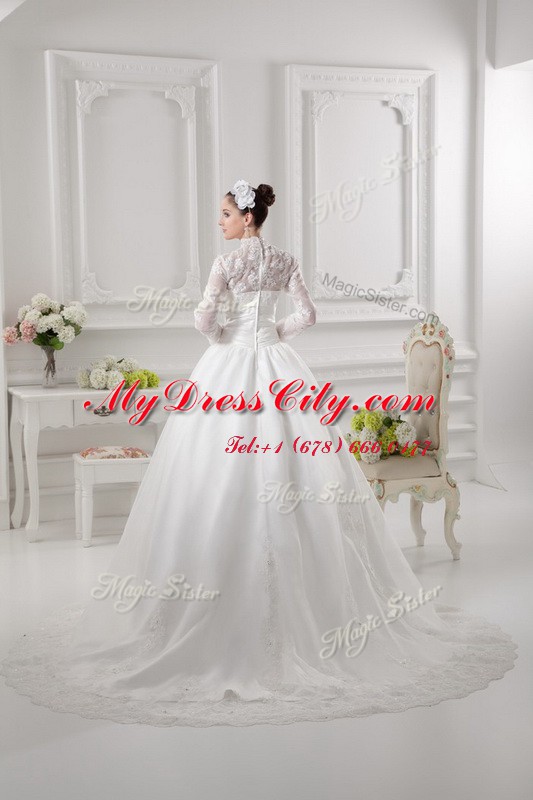 White Wedding Dress Lace Sweep Train Long Sleeves Lace