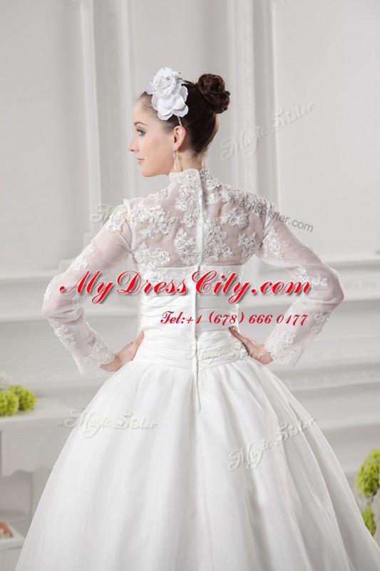 White Wedding Dress Lace Sweep Train Long Sleeves Lace