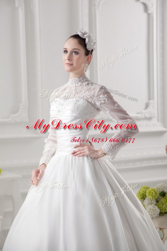 White Wedding Dress Lace Sweep Train Long Sleeves Lace