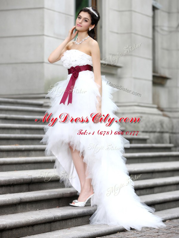 White Strapless Zipper Ruffles and Belt and Hand Made Flower Wedding Gown Sleeveless