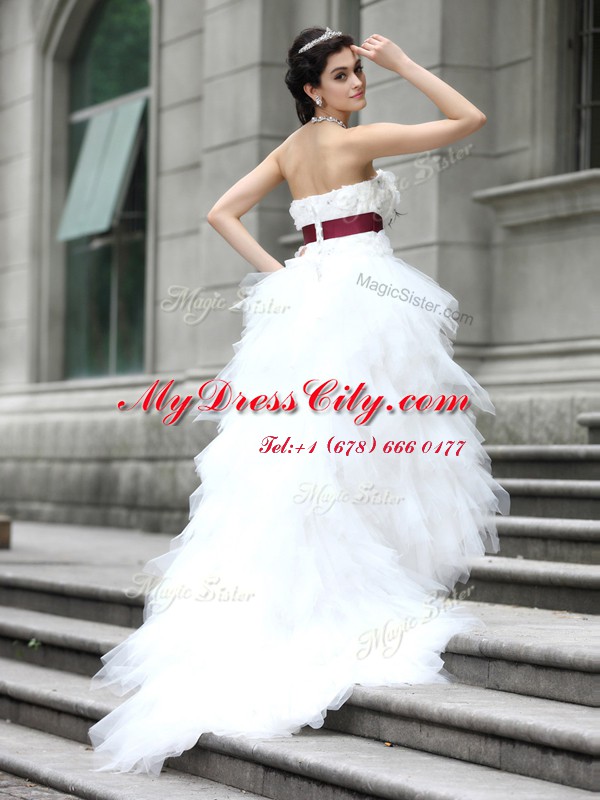 White Strapless Zipper Ruffles and Belt and Hand Made Flower Wedding Gown Sleeveless