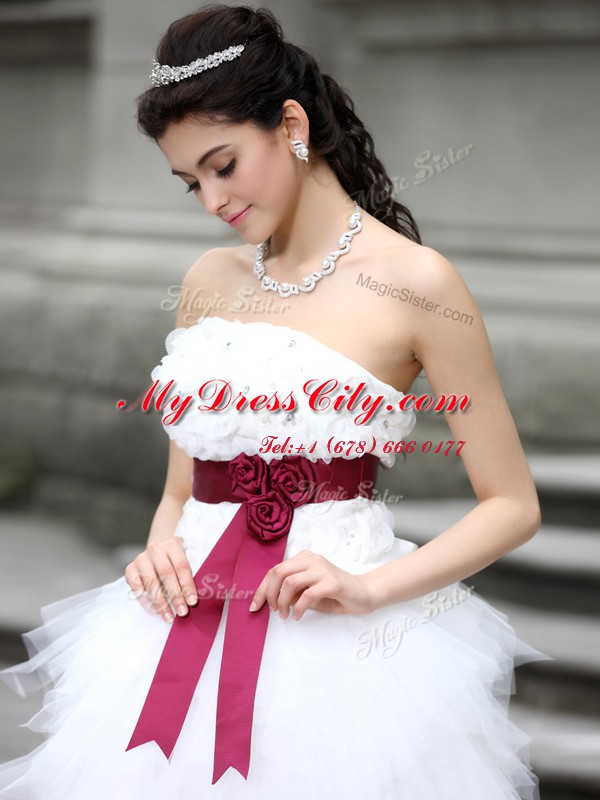 White Strapless Zipper Ruffles and Belt and Hand Made Flower Wedding Gown Sleeveless