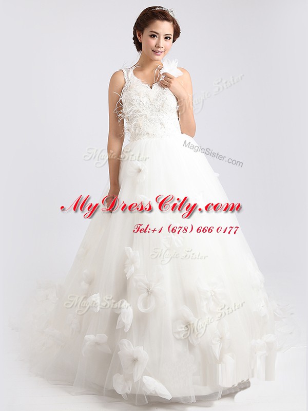 Customized Scoop White V-neck Neckline Appliques and Hand Made Flower Wedding Gowns Sleeveless Zipper